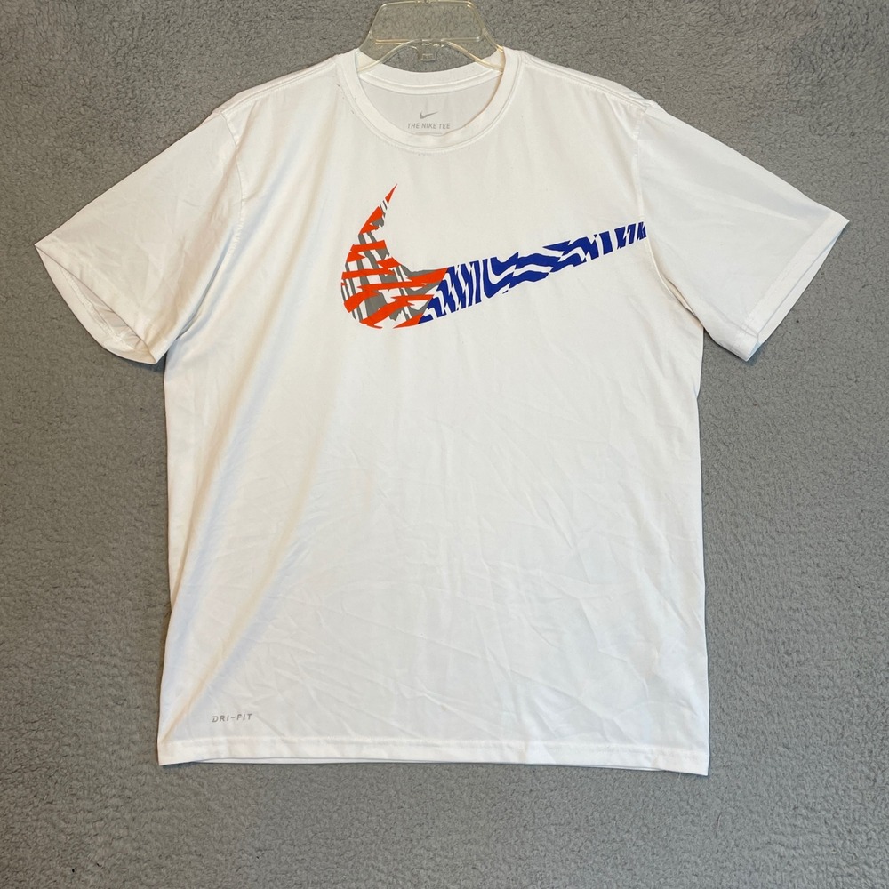 Nike Dri-FIT T-Shirt Large White Graphic Swoosh Performance Tee Mens
